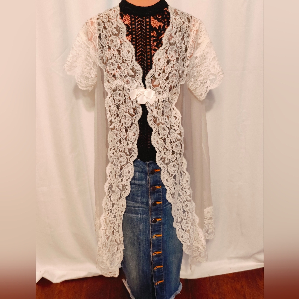 lace duster 50s/60s Sheer cap sleeve  waterfall  lingerie oversized beach Chic